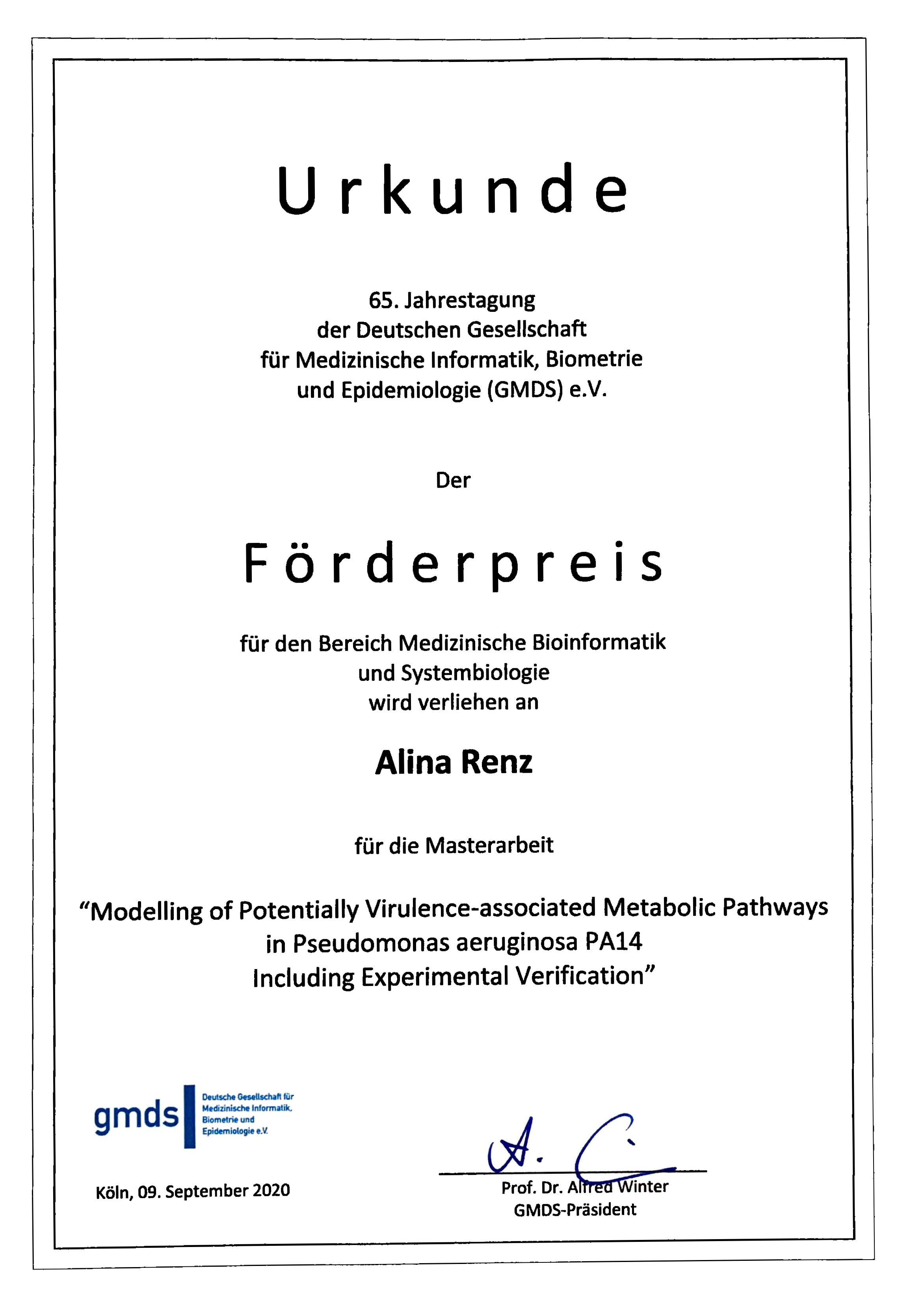 Urkunde für die Auszeichnung der Masterarbeit an Alina Renz