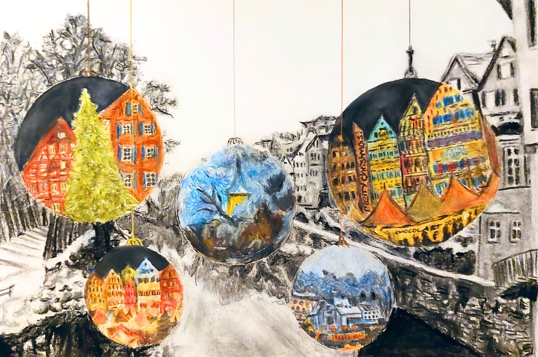 The painting depicts Christmas ornaments with motifs from Tübingen hanging in front of the Neckar Bridge. In the background, the Neckar Riverfront is visible.