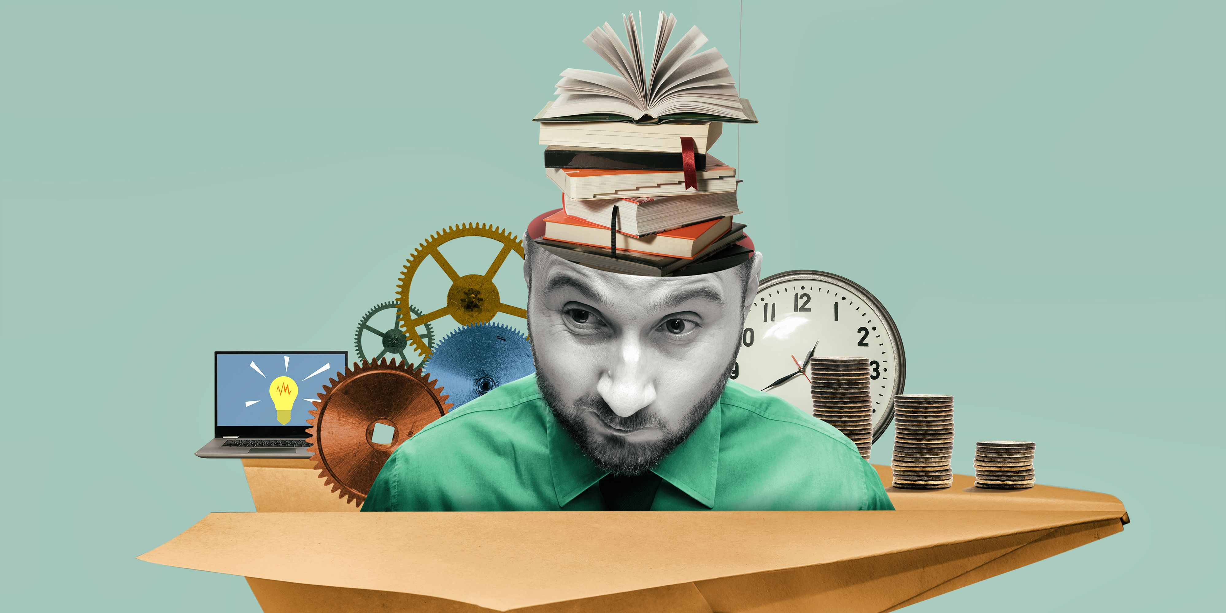 Graphic of man head with books growing out of skull