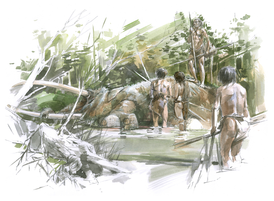 Reconstruction of the Schöningen lakeshore as the humans discovered the elephant's carcass. 
