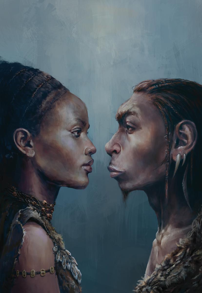 Darstellung des Schulter-Kopf-Bereiches eines frühen anatomisch modernen Menschen und eines Neandertalers, die sich gegenseitig anschauen 