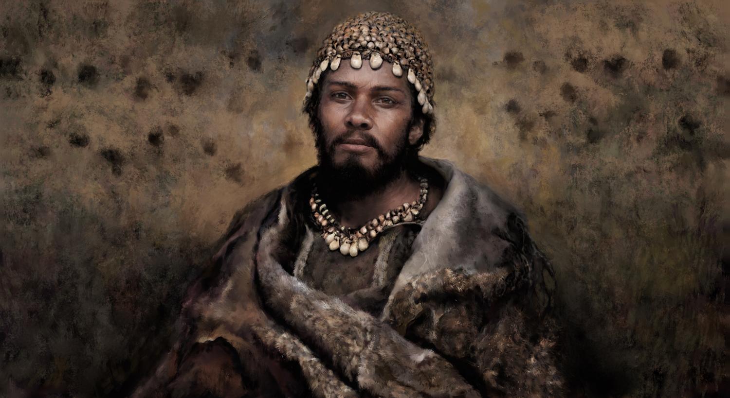Bearded man with headdress, necklace and fur cape