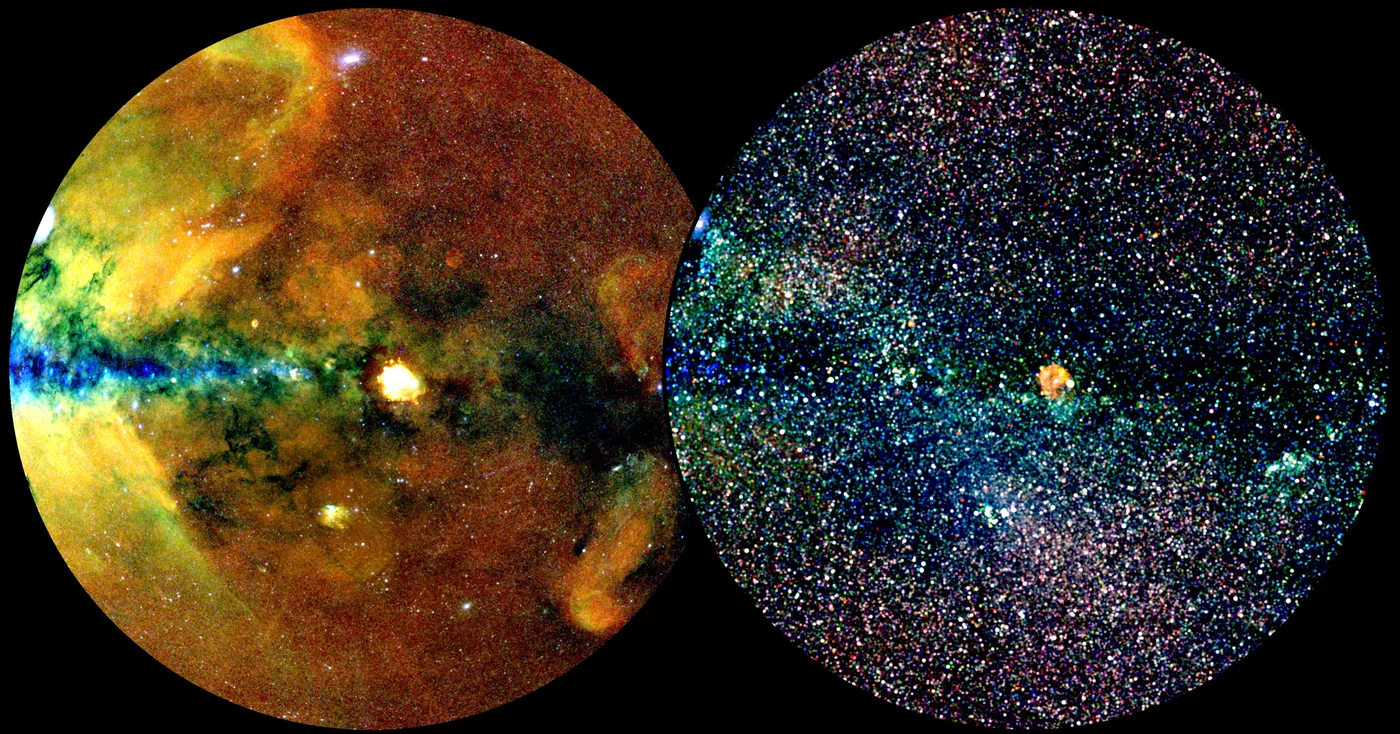 In these two images, a special image processing algorithm is used to separate extended features (left) from point sources (right).  
