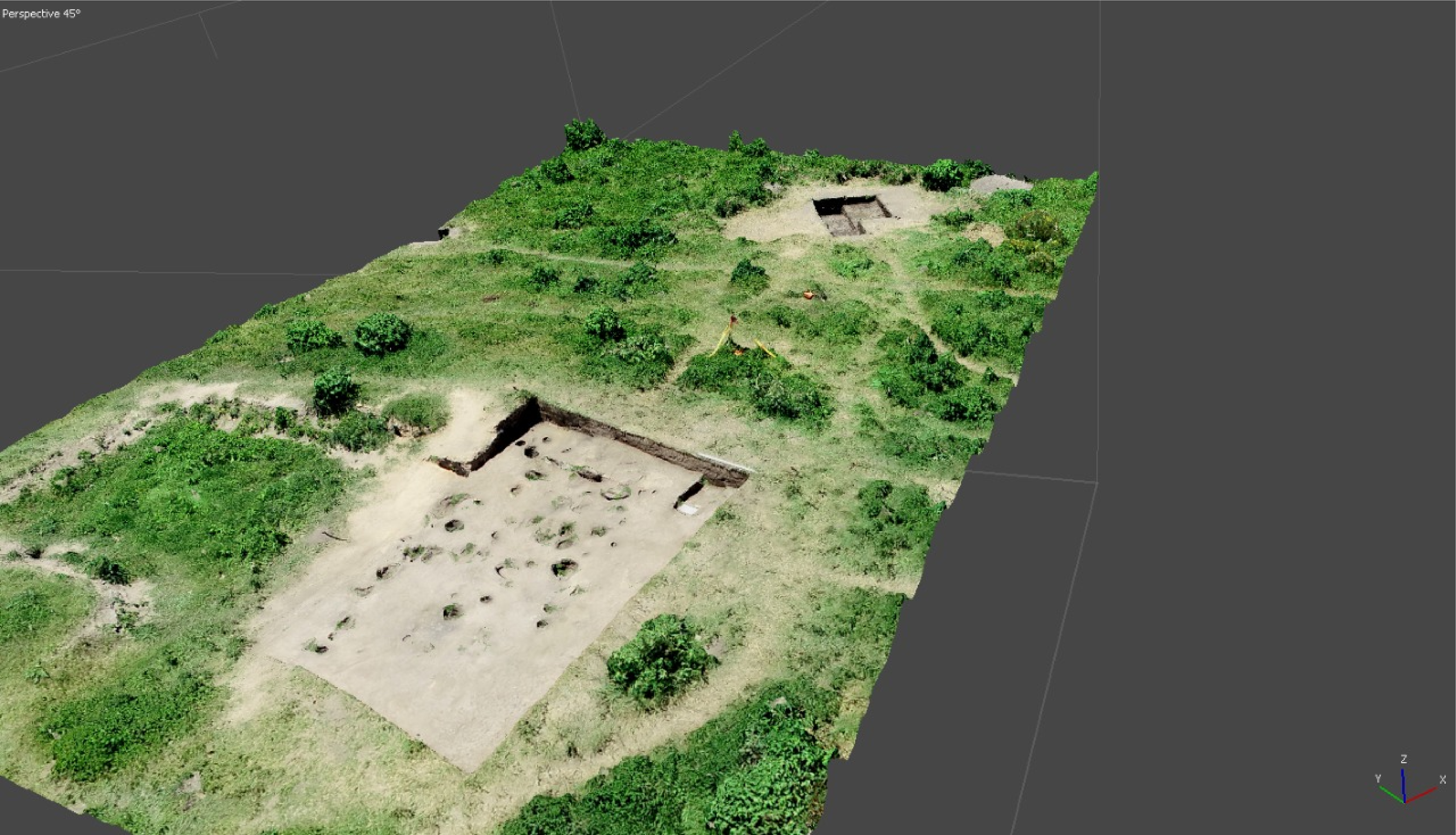 Drone image and 3D model of the Los Tres Cerros 1 site.