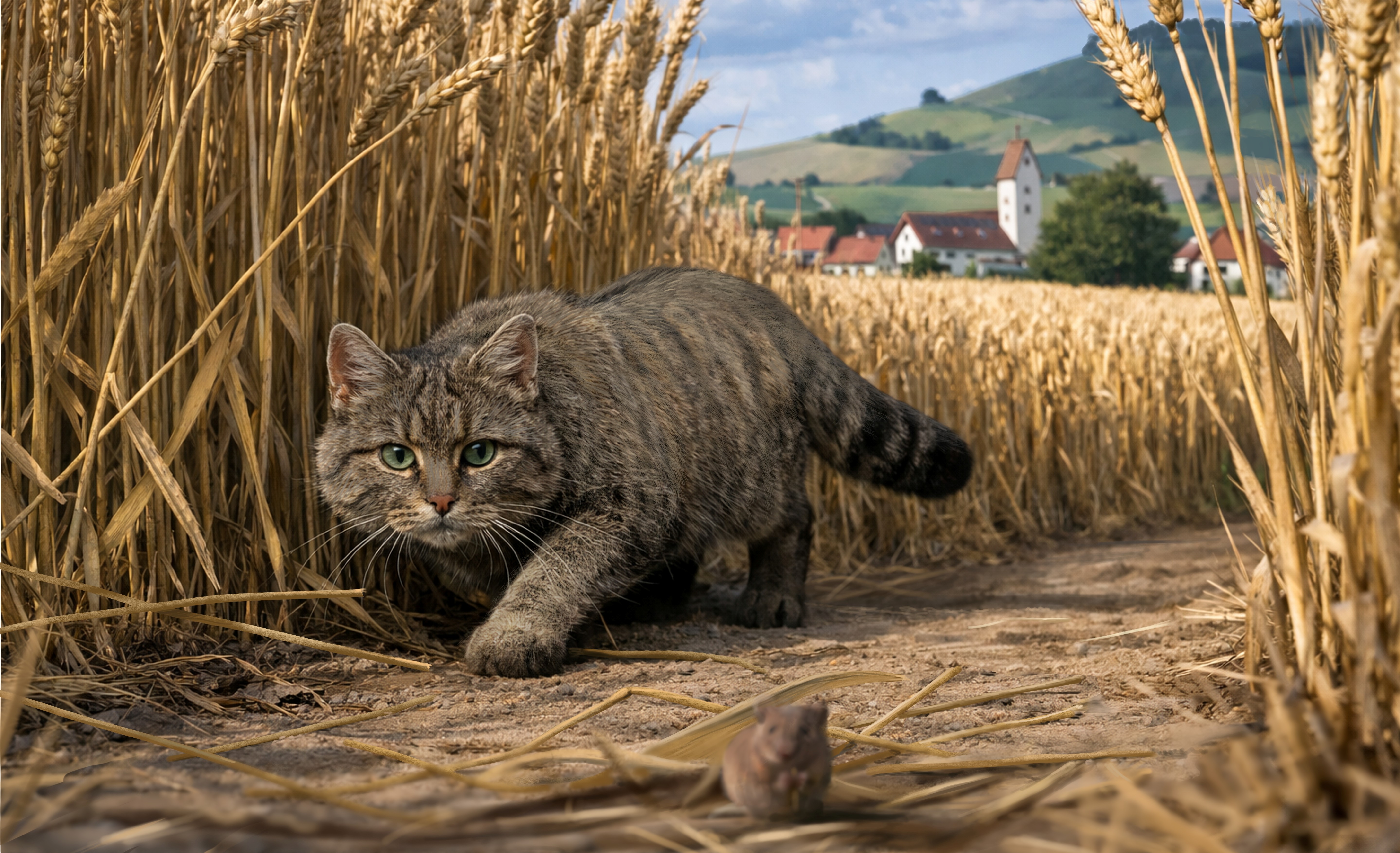 A wildcat on the hunt in a field of grain. Houses in the background.