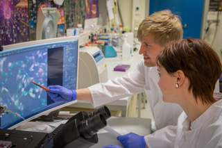 PostDoc Melanie Müller (rechts) und Doktorand Felix Pagallies beim Betrachten von ORFV-Rekombinanten am Fluoreszenzmikroskop