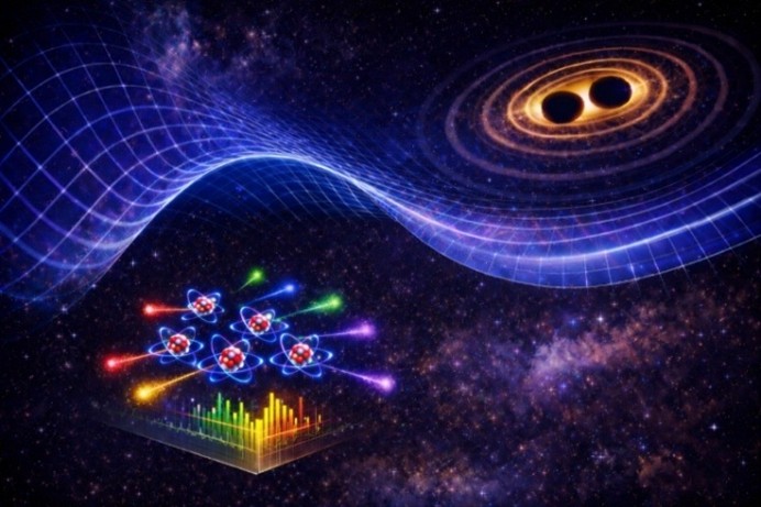 Gravitationswellen verändern die Frequenz und damit die Farbe von Licht, das Atome abgeben. Die exakte Messung dieser Frequenzwechsel könnte einen neuen Weg eröffnen, Gravitationswellen zu messen. 