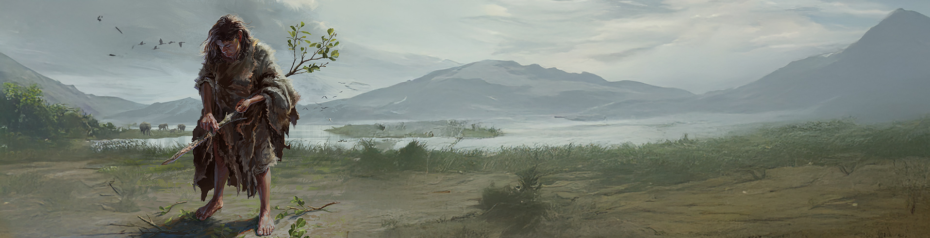 Künstlerische Darstellung eines Menschen in prähistorischer Fellkleidung, der einen Ast bearbeitet. Im Hintergrund sind Landschaftselemente wie ein See, Berge und grasende Tiere zu sehen.