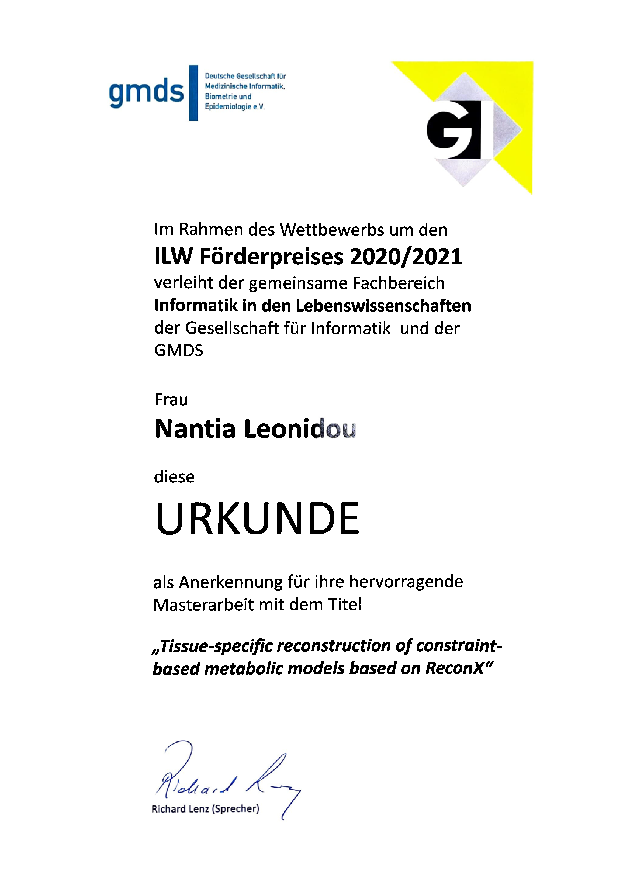 Die Auszeichung 2020/21 für die hervorragende Masterarbeit geht an Nantia Leonidou.