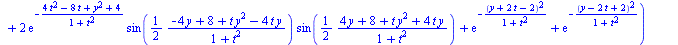 rho = `/`(`*`(`+`(`*`(2, `*`(exp(`+`(`-`(`/`(`*`(`+`(`*`(4, `*`(`^`(t, 2))), `-`(`*`(8, `*`(t))), `*`(`^`(y, 2)), 4)), `*`(`+`(1, `*`(`^`(t, 2)))))))), `*`(cos(`+`(`/`(`*`(`/`(1, 2), `*`(`+`(`-`(`*`(4...