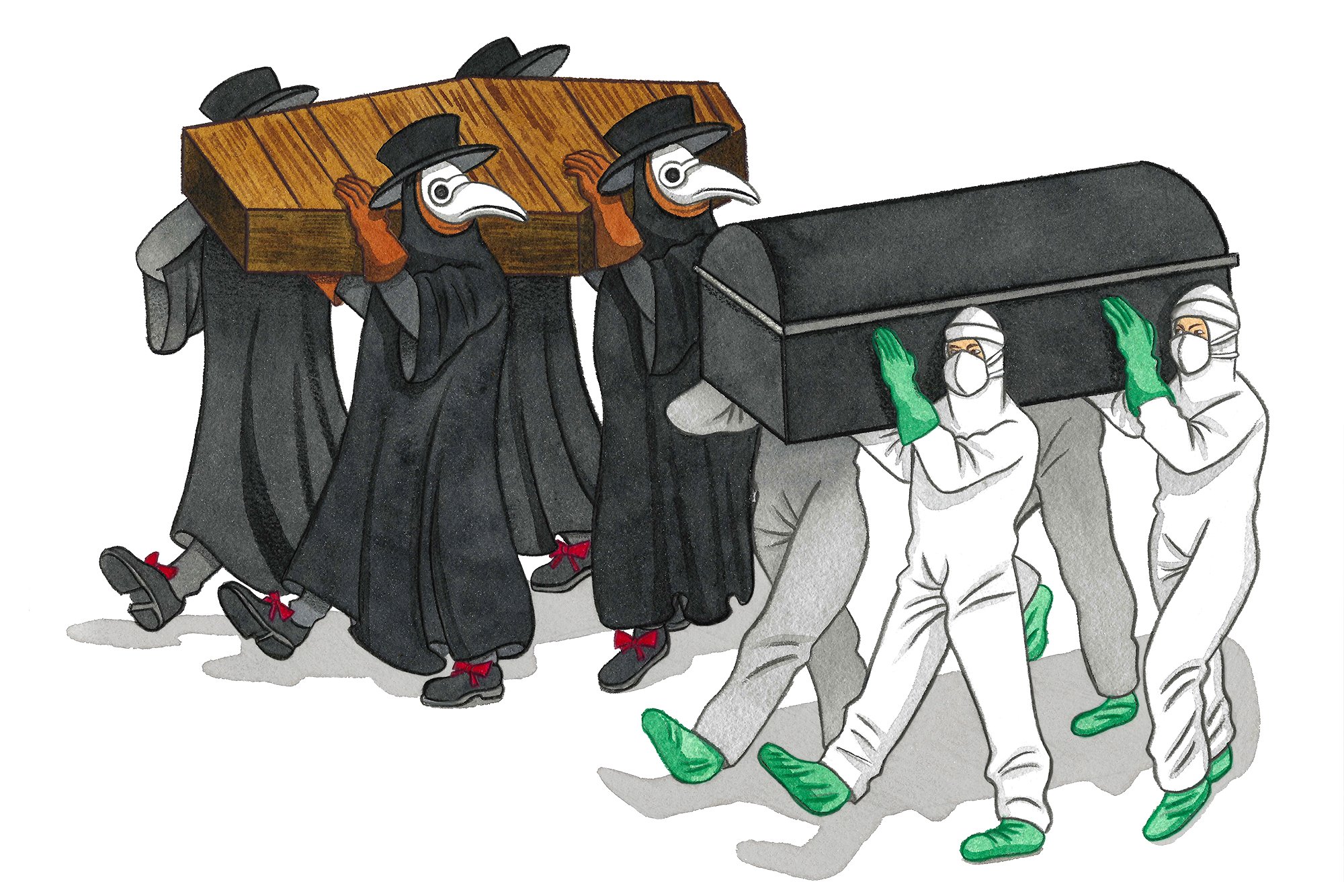 Illustration of people with plague doctor masks and protective suits carrying coffins on their shoulders