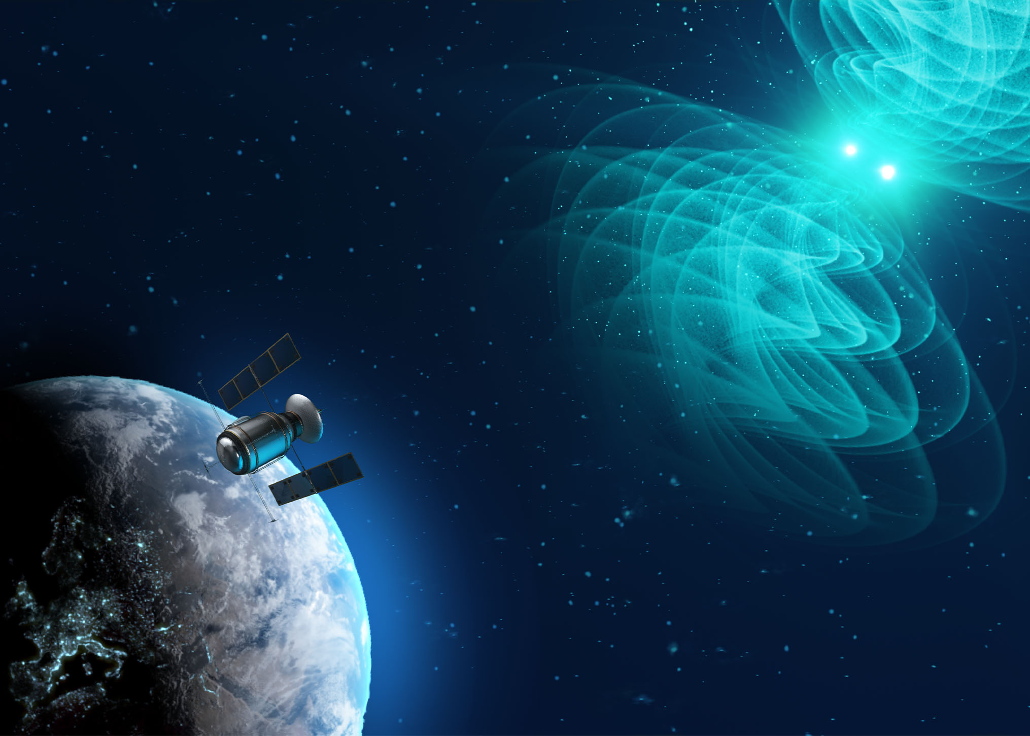 Künstlerische Darstellung der Verschmelzung zweier Neutronensterne, bei der Gravitationswellen und elektromagnetische Strahlung ausgesendet werden