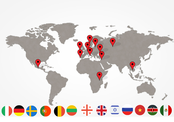 World map with 12 pins: Institutions from these countries, from Germany to Portugal to Kenya, are involved in the "EUCare" project. The aim is to provide robust, data driven evidence to deal with SARS-CoV-2 variants and COVID-19 epidemics. ©EUResist Network