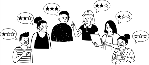 Illustration with people talking and rating something from one to three stars