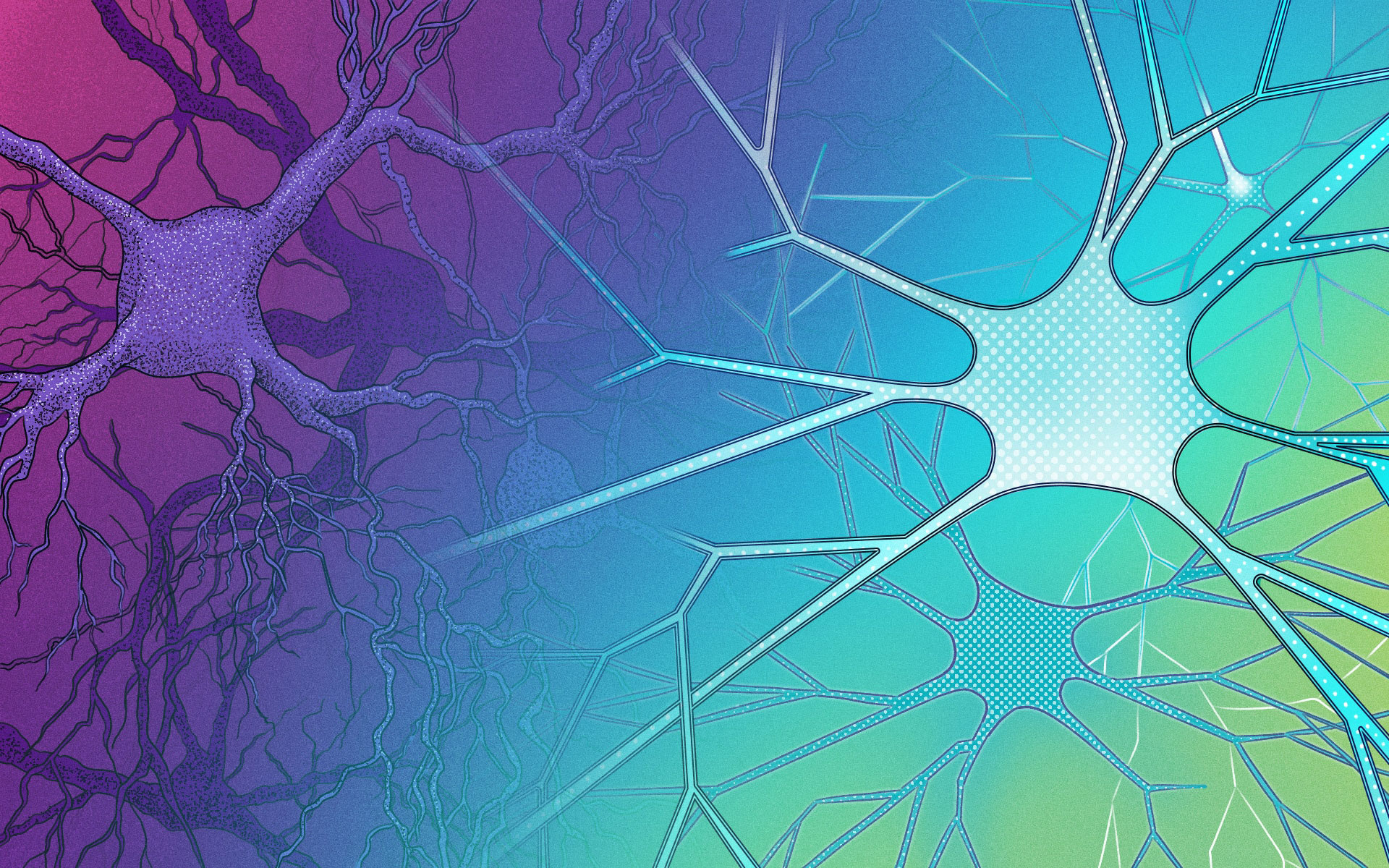Illustration that show cases artifiicial neural networks (right) and real networks of nerve cells (left)