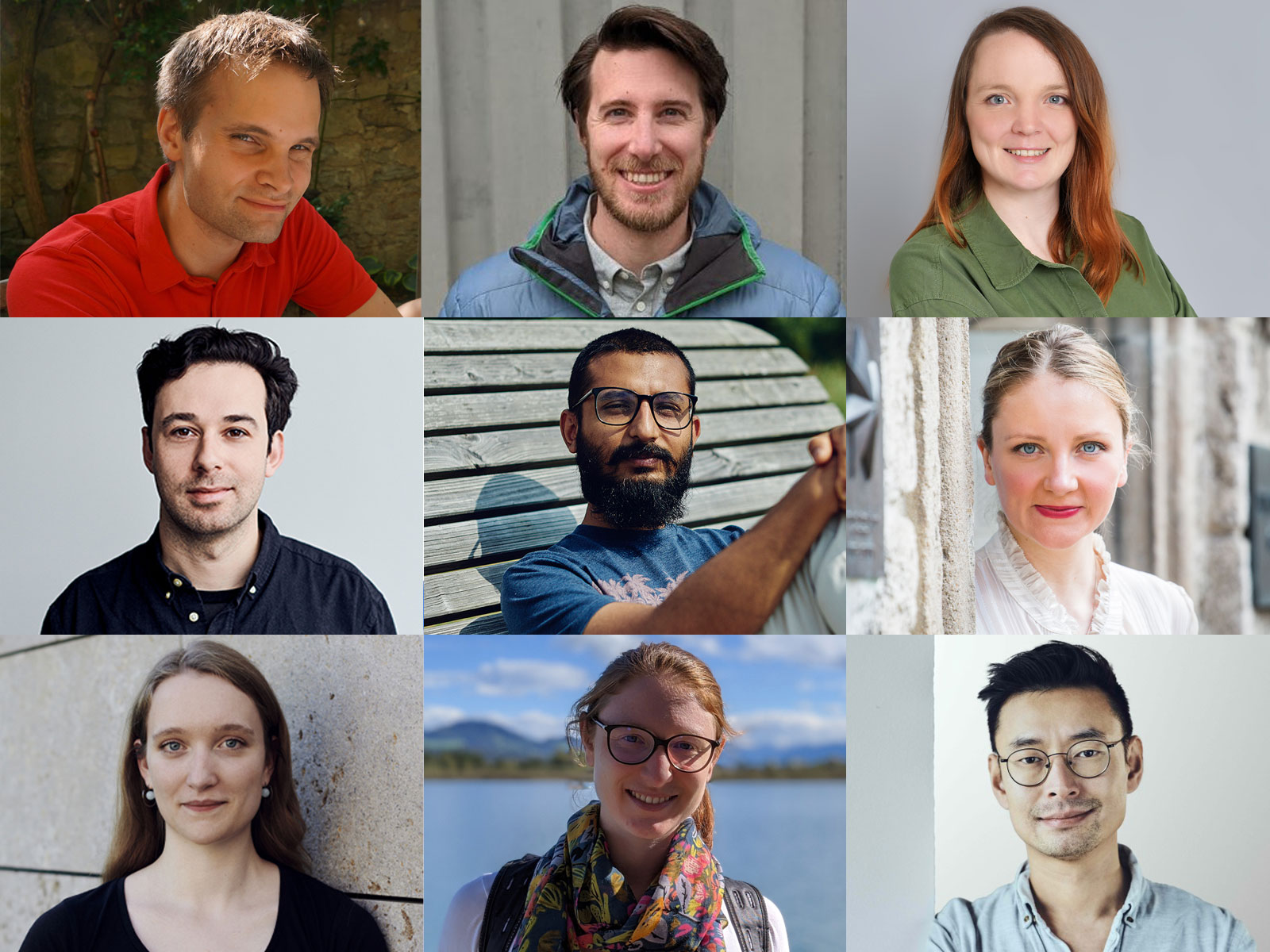 Photo collage of the cluster group leaders: From left to right: Franz Baumdicker, Christian Baumgartner, Katharina Eggensperger, Konstantin Genin, Bedartha Goswami, Miriam Klopotek, Nicole Ludwig, Claire Vernade und Charley Wu.