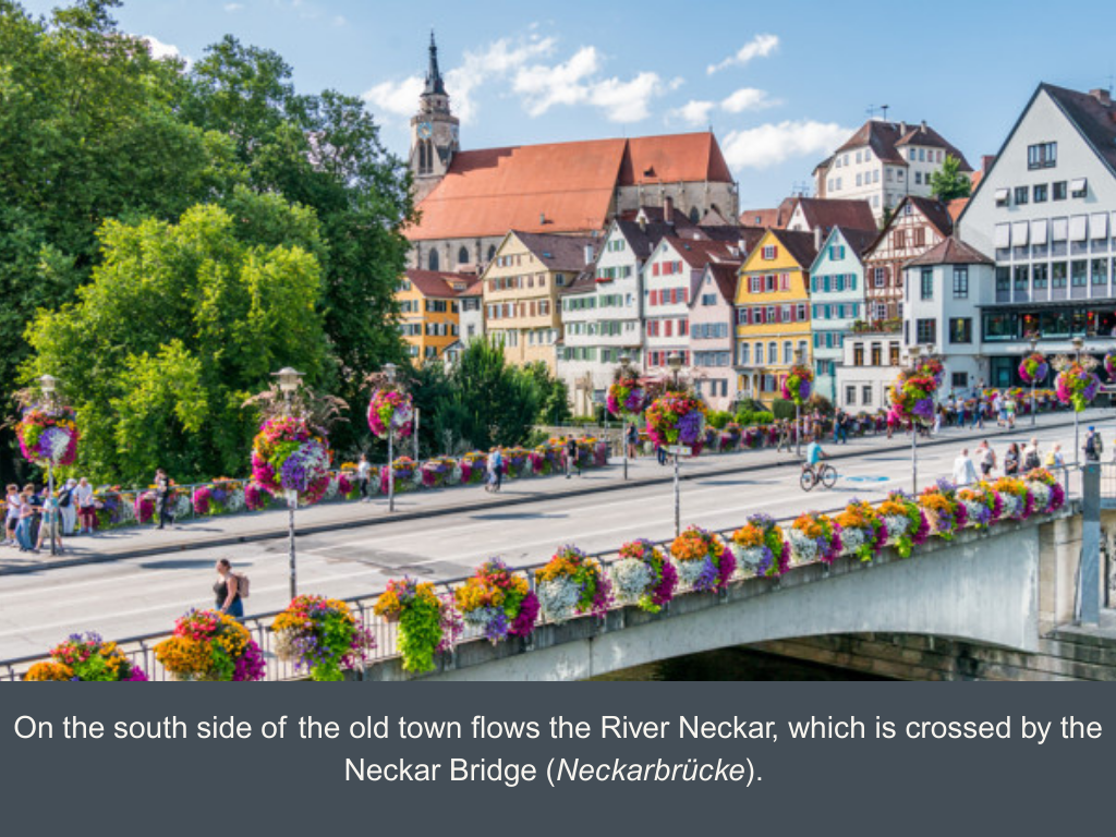 Tübingen so-called Neckarbrige over the river Neckar decorated with colorful flowers, and the so-called Tübingen Neckar-front in the background on a sunny day.