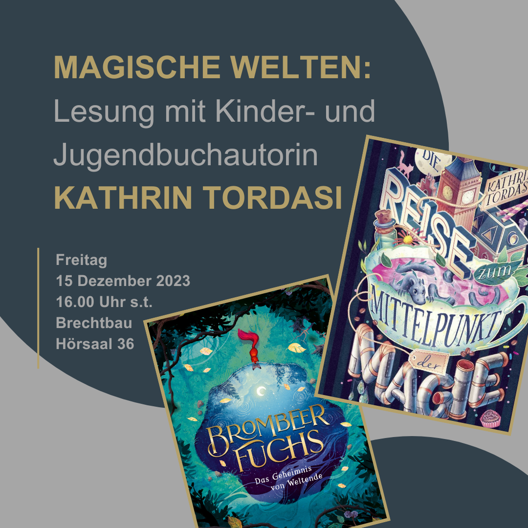  Plakat zur Lesung. Zeigt zwei Werke der Autorin und Zeit und Ort. 15.12.23 Brechtbau Raum 036.