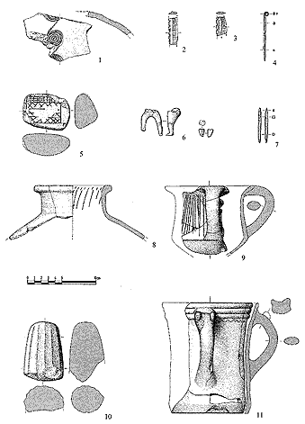 Abb. 6: Funde aus Udabno I (1-10) und II (11). 1, 6, 8-9, 11 - Keramik; 2-3, 5, 10 - Stein; 4, 7 - Bronze