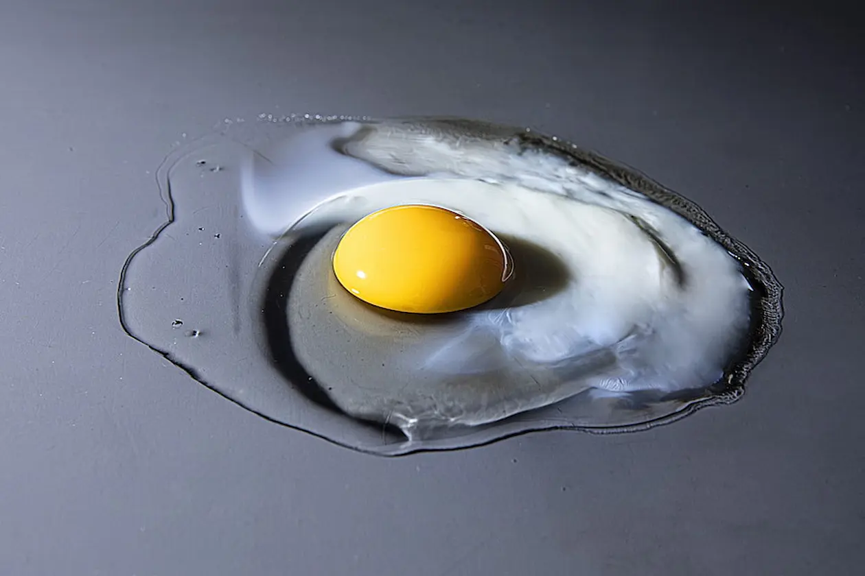 The proteins in the chicken egg form a tightly meshed, opaque network when heated
