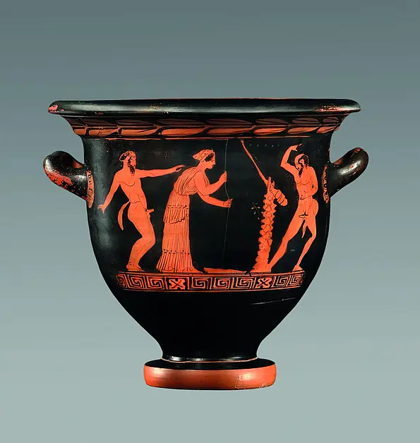 Griechisches Gefäß, ca 440 bis 430 v. Chr.: Ein Mädchen beim Wasserholen am Brunnen ist von zwei Satyrn umgeben. Die Alltagssituation wird mit mythologischen Inhalten und sexuellen Phantasien vermengt.