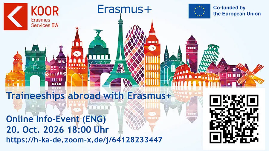 Flyer from KOOR about the Erasmus+ internship information event with a link & QR code to the online event via Zoom 