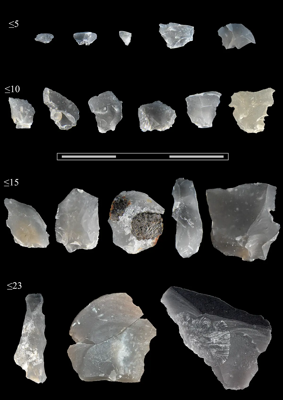 19 flint chips on a black background
