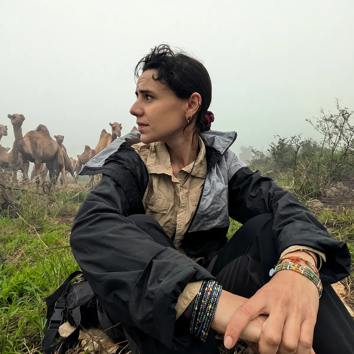 The image shows Dr. Padilla-Iglesias at fieldwork. She is a white woman with black hair, in the picture it is shaggy and bound back in the nape. She is wearing Khaki shirt and trousers with a black rain jacket. She is sitting in a rainiy, foggy green surrounding, there is a herd of camels visible in the background. 