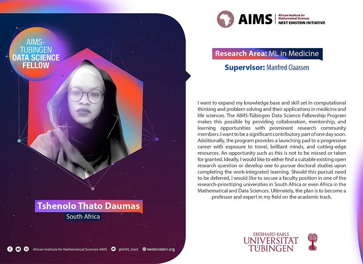 Portrait von AIMS Fellow Tshenolo Thato Daumas und einer Beschreibung warum sie an dem Program teilnimmt