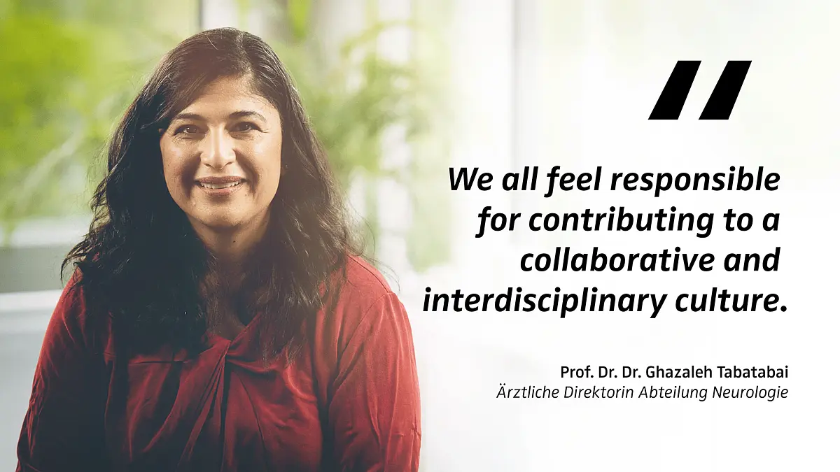 Portrait von Frau Tabatabai mit Zitat: "We all feel responsible for contributing to a collaborative and interdisciplinary culture."