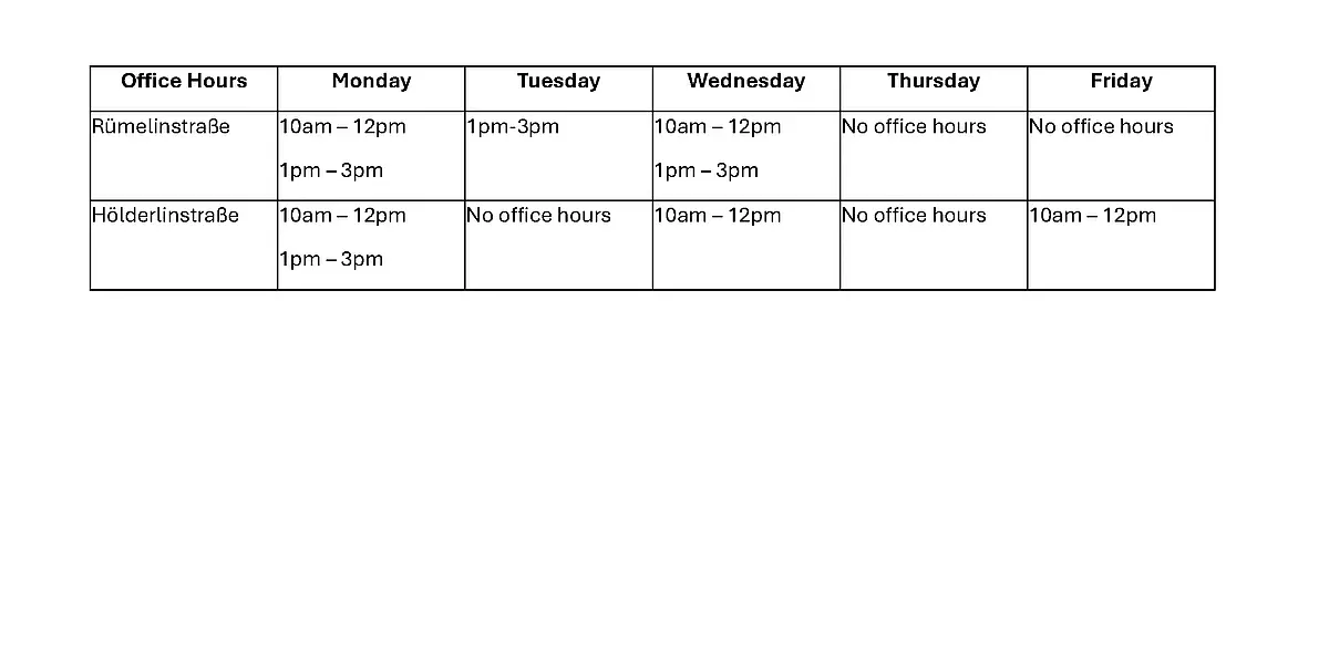 A plan of the Office hours. There are two locations, Rümelinstraße and Hölderlinstraße. Office hours for Rümelinstraße are Mondays and Wednesdays 10 am to 12 pm and 1 pm to 3 pm, and on Tuesdays 1 pm to 3 pm. Office hours at Hölderlinstraße are Monday 10 am otherwise 12 pm and 1 pm to 3 pm, and Wednesday and Friday 10 am to 12 pm. 