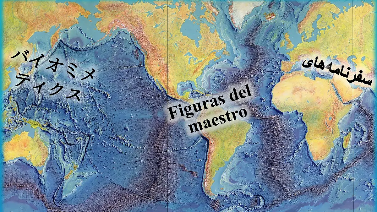 Colored world map with Japanese, Spanish and Arabic characters