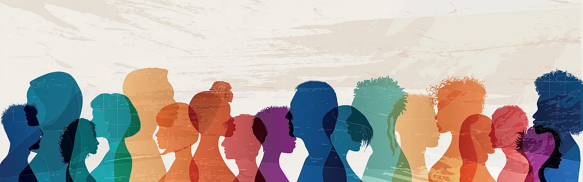 Bannerbild: Schatten-Profile von Menschen unterschiedlicher Herkunft und Kultur.