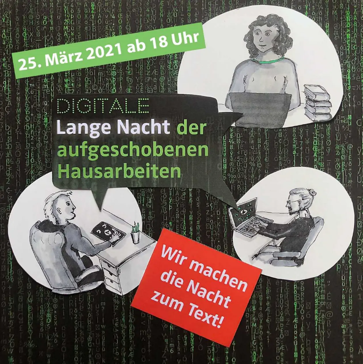 gezeichnete Studierende/ Werbeplakat der Langen Nacht 