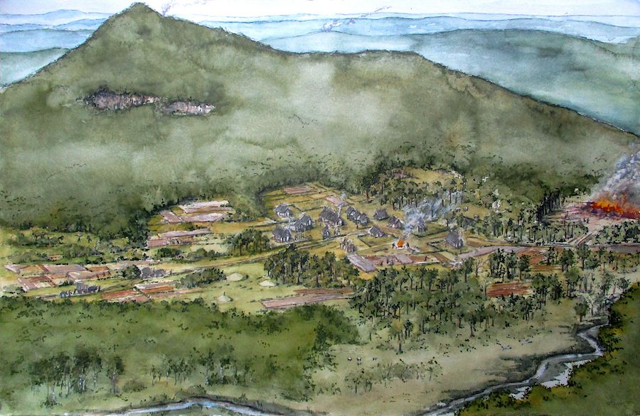 Artist's impression of a Bronze Age settlement in the Hegau region