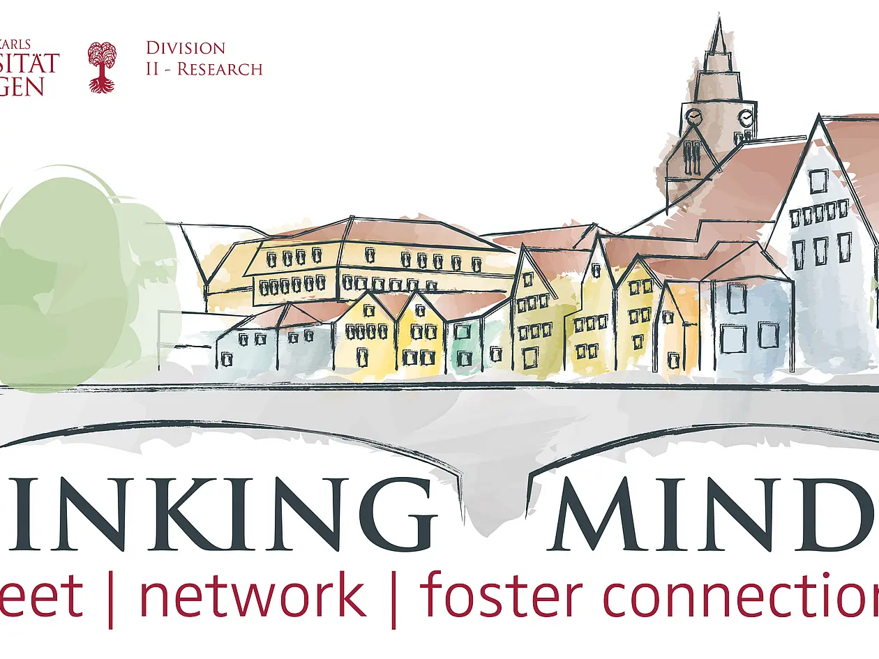 Logo of LinkingMinds. Neckar bridge with Tübingen landmarks in background. 