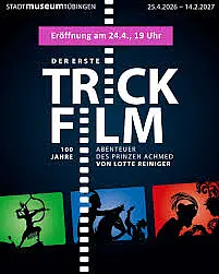 Poster with black silhouette cut-outs in the style of Lotte Reiniger's animation technique against colored backgrounds.