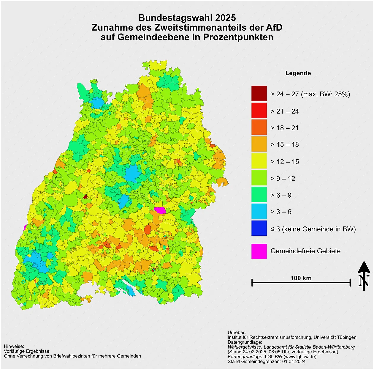 Die Karte zeigt die Veränderung des Zweitstimmenanteils der AfD in Baden-Württemberg von 2021 auf 2025 auf Gemeindeebene (in Prozentpunkten).