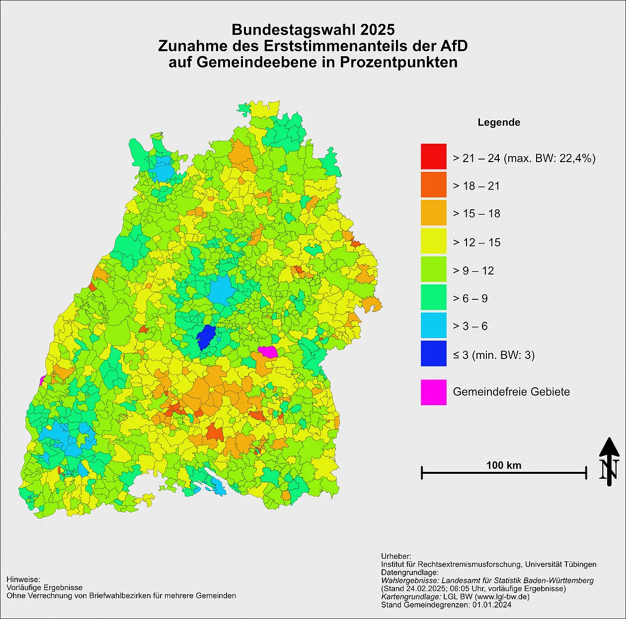 Die Karte zeigt die Veränderung des Erststimmenanteils der AfD in Baden-Württemberg von 2021 nach 2025 auf Gemeindeebene (in Prozentpunkten).