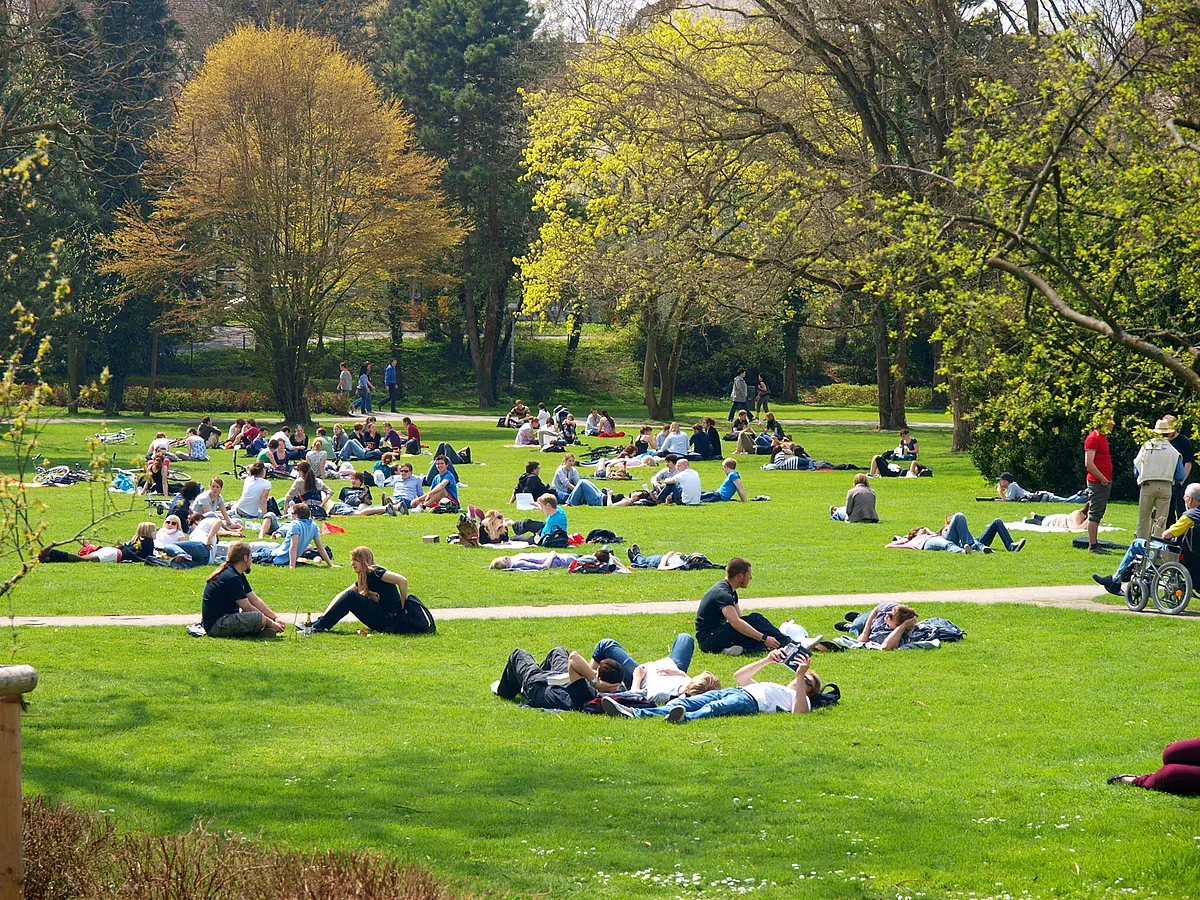 This picture shows the old Botanical Garden in Tübingen. When the weather is fine, many young people lie in the grass.