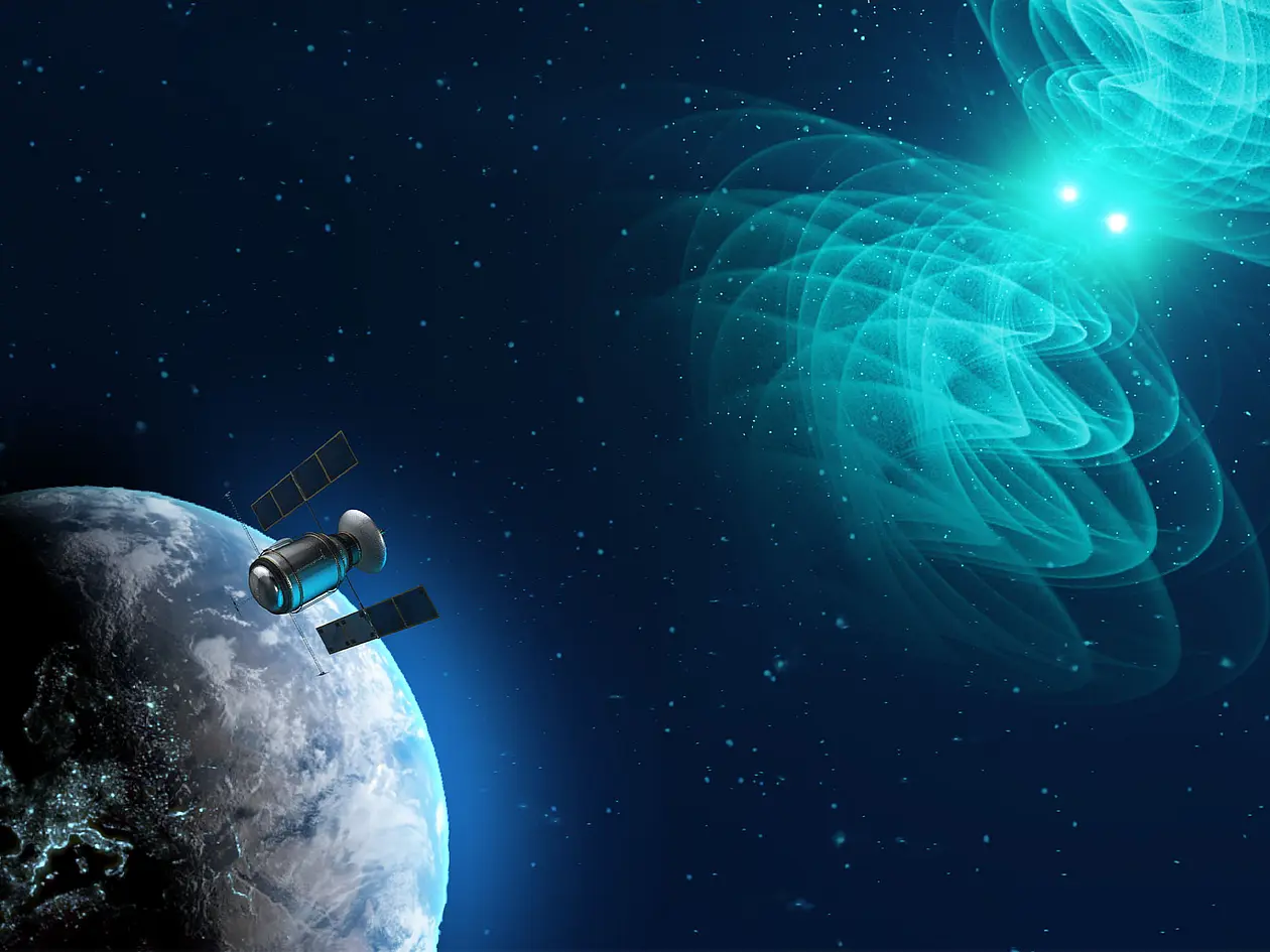 Künstlerische Darstellung der Verschmelzung zweier Neutronensterne, bei der Gravitationswellen und elektromagnetische Strahlung ausgesendet werden