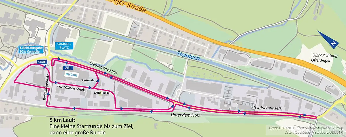 Karte mit der eingezeichneten Laufroute des 5 Kilometer Laufes