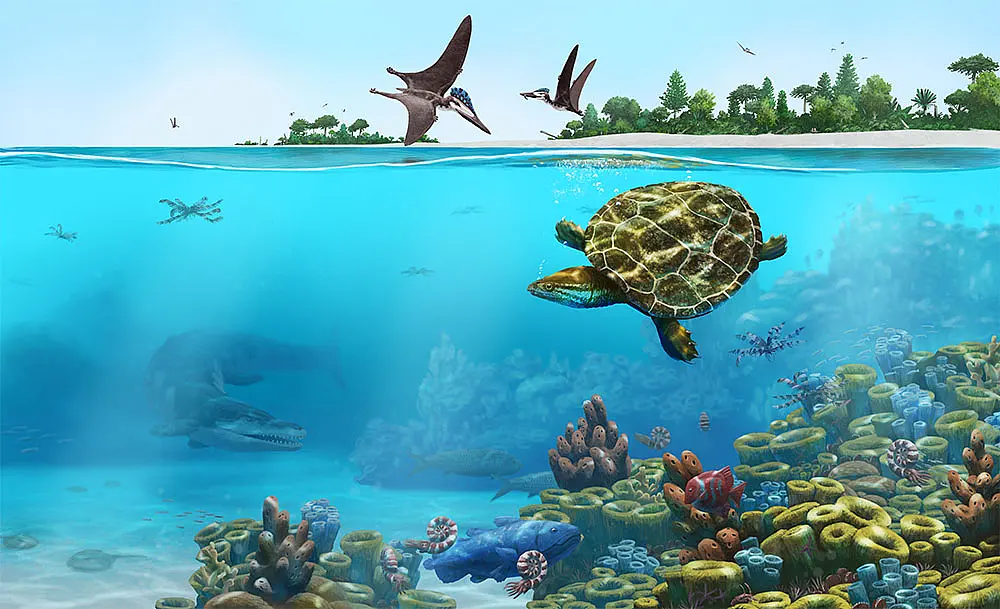 Artist’s impression of Solnhofia parsonsi’s environment in an Upper Jurassic lagoon 150 million years ago in what is now Lower Bavaria. 