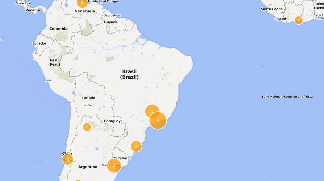 Karte zeigt, wo UT Alumni in Südamerika leben.