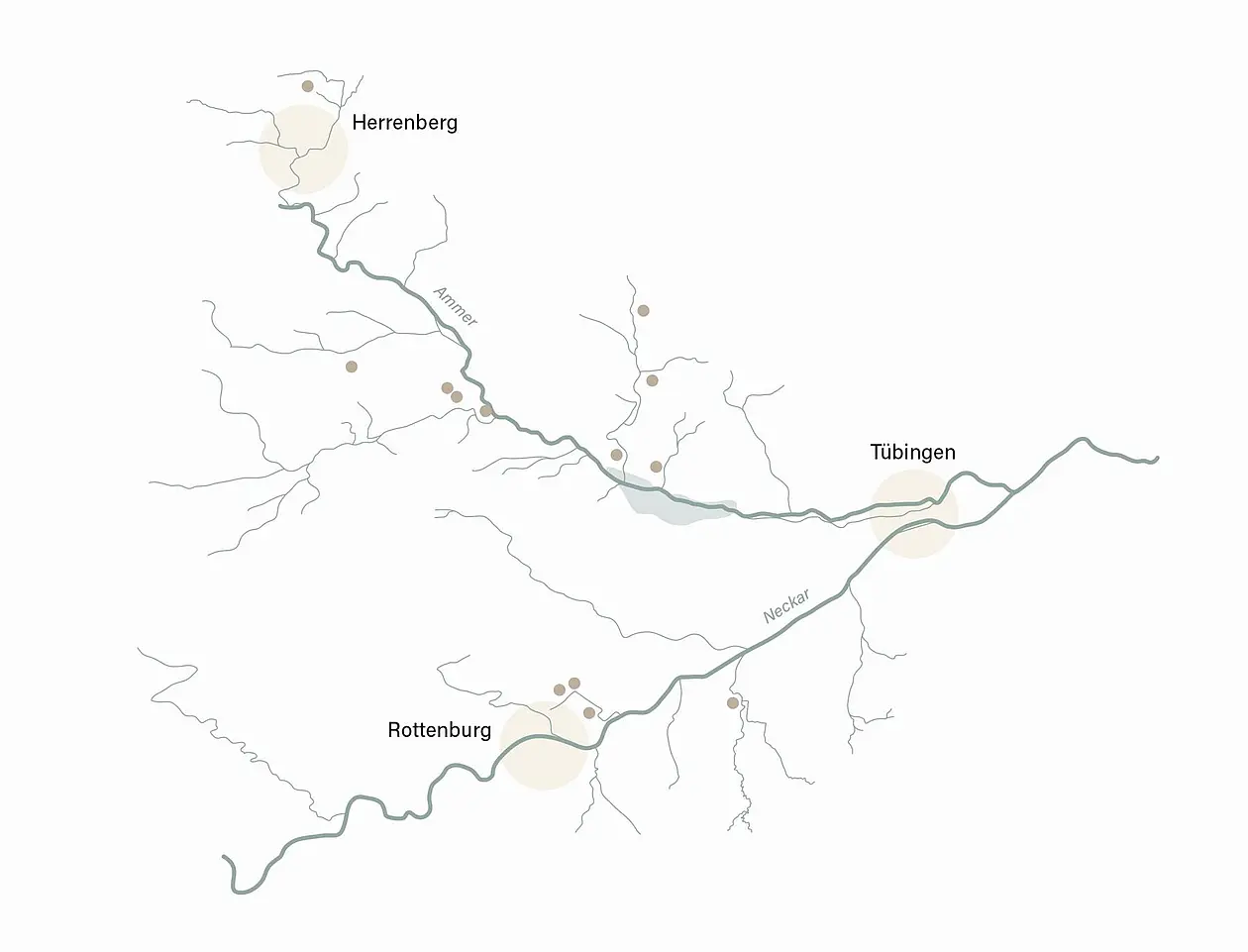 Karte der Region um Ammer und Neckar von Herrenberg bzw. Rottenburg bis Tübingen, kleinere Nebenflüsse und Fundorte sind eingezeichnet