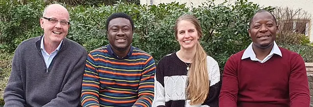 Group photo of the research group from left to right: Andreas Hasenclever, Mark A. Anyorikeya, Alexandra Dick und Alhassan Tahiru