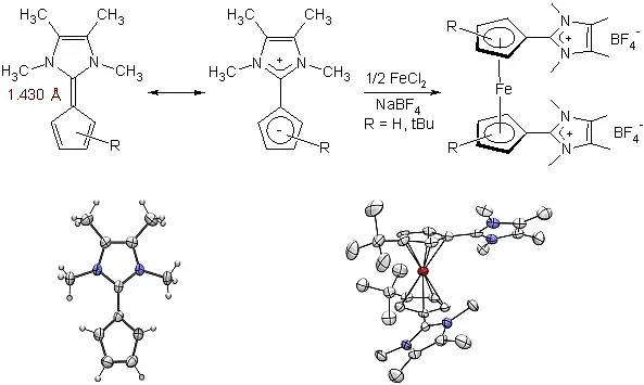 Darstellung Cp-substituierter 2-Imidazolium-ferrocene (oben), sowie Kristallstrukturen eines Imidazol-Fulvens (R=H) und eines entsprechenden Ferrocenkomplexes mit R=t-Bu (unten).