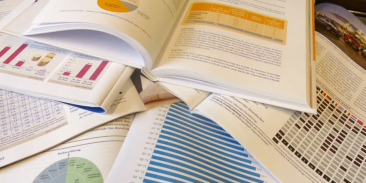 Aufgeschlagene wirtschaftswissenschaftliche Lehrbücher mit abgebildeten Diagrammen.