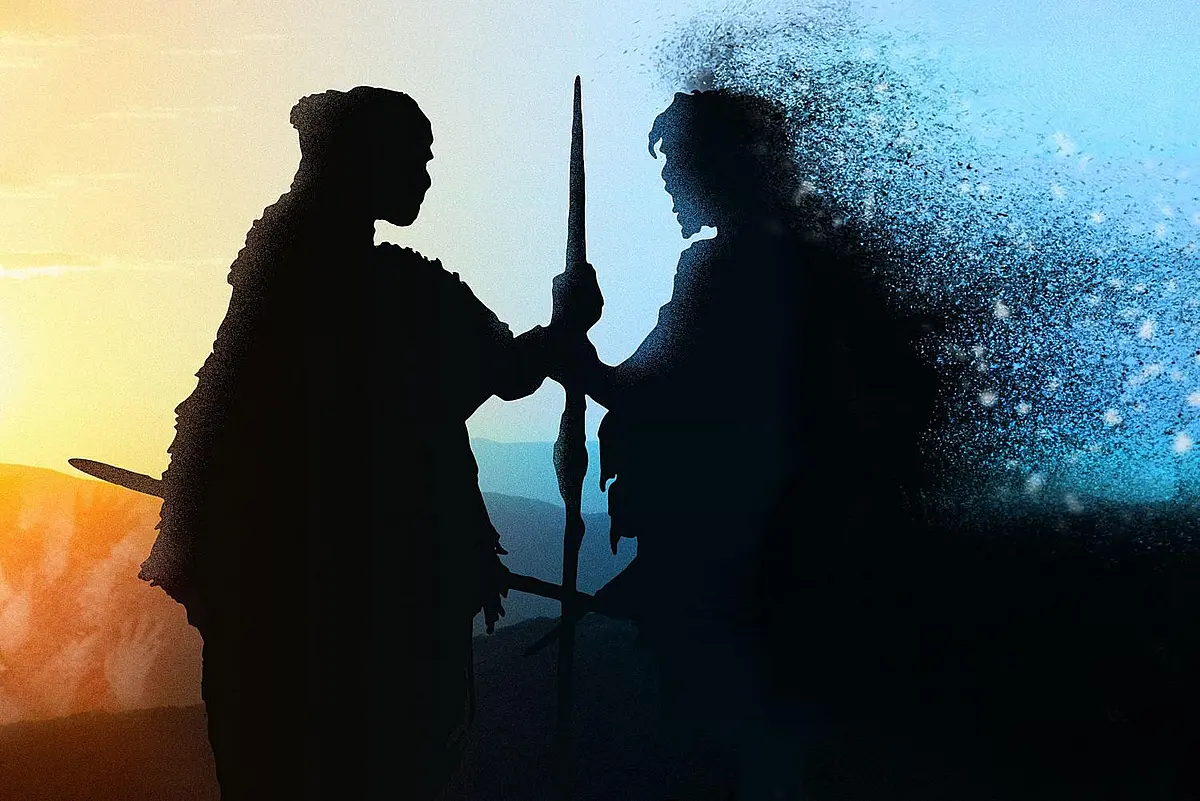 Silhouettes of a woman and a man with fur clothes and spears