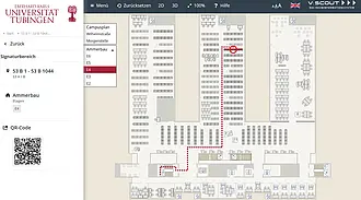 Leitsystem: Anzeige des Standorts der ermittelten Signatur im Freihandbereich Ammerbau Ebene 4